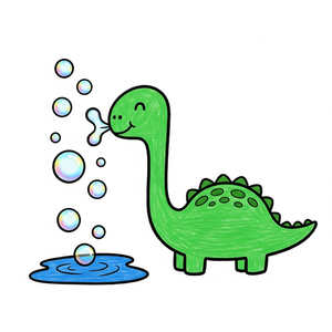 Dinosaur Blowing Bubbles in a Puddle